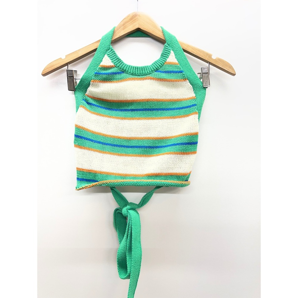 The Copper‎ Closet Green Striped Knit Halter Crop Top Open Back Tie Waist Small